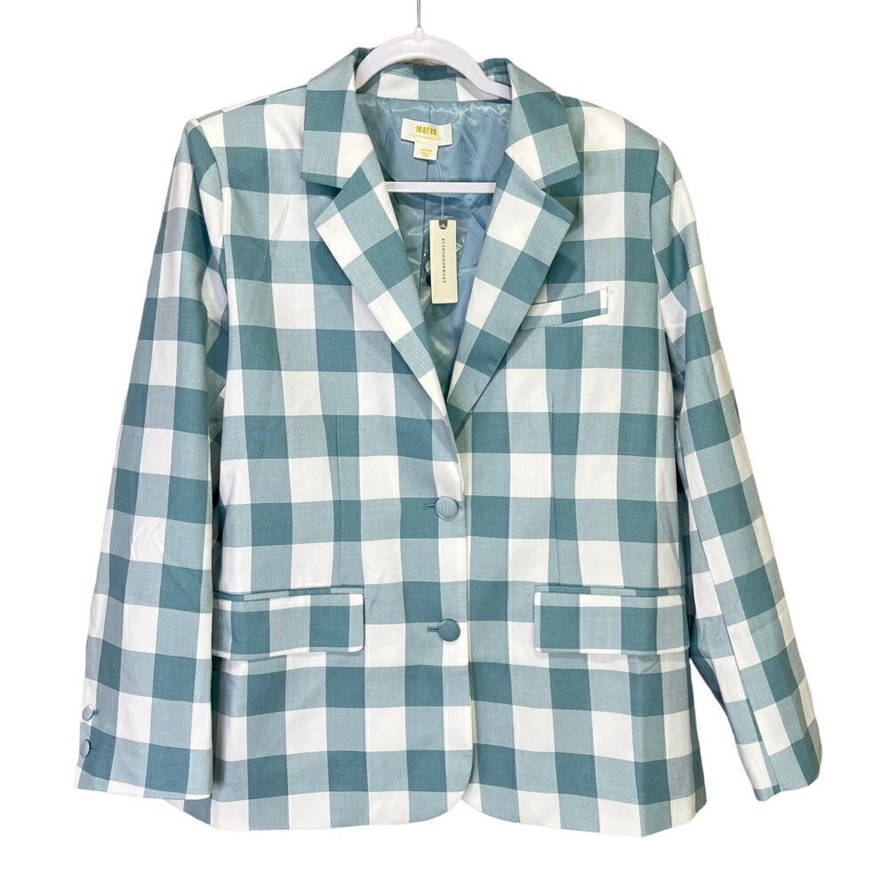 NEW Maeve Anthropologie Gingham Blazer Moss Large - Picture 2 of 9